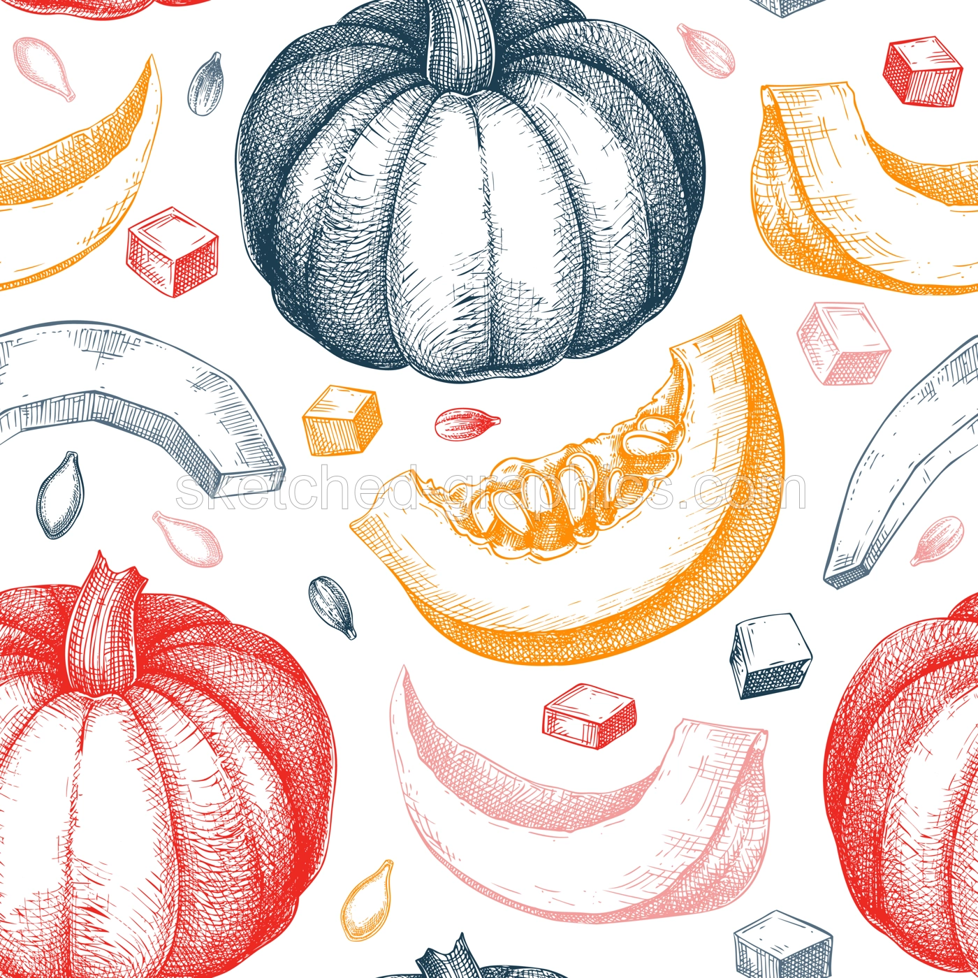 Pumpkin background. Autumn vegetables hand-drawn vector illustrations. Vintage Thanksgiving seamless pattern. NOT AI generated Illustration